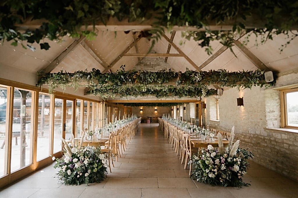 Old Gore Barn dressed with ivory, lilac and purple florals